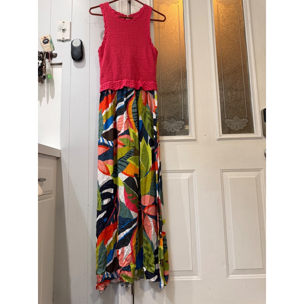 Trina Turk Pink Crochet Tropical Leaf Print Maxi Dress Mixed Media XS